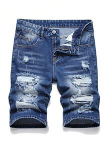 Nam Quần short Denim Bông Rách Frayed Rửa thuốc tẩy - Rửa tối - Xem 1