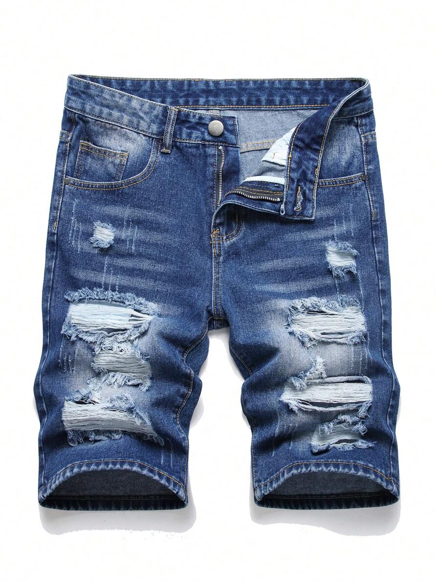 Nam Quần short Denim Bông Rách Frayed Rửa thuốc tẩy - Rửa tối - Xem 1
