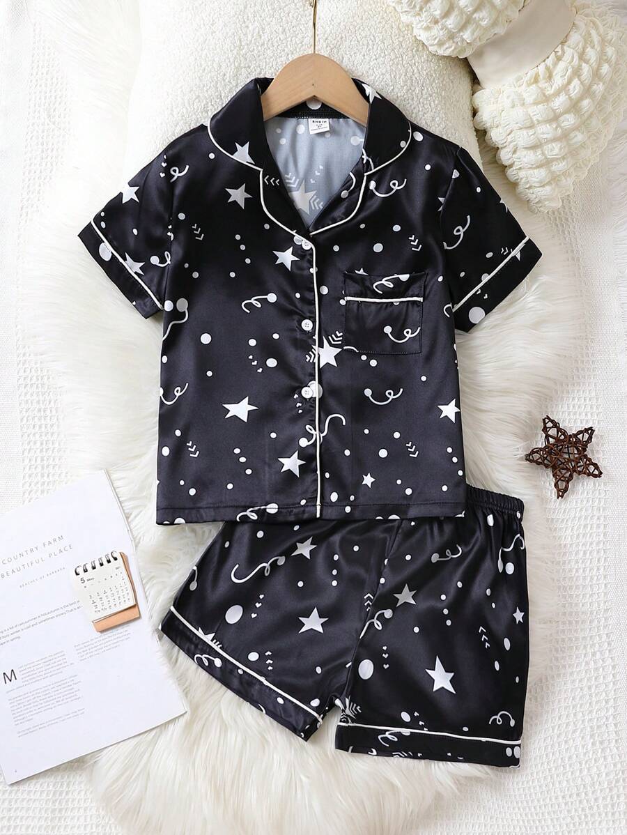 女孩星星印花拼接滾邊緞面睡衣套裝 - 黑色 - 查看 1