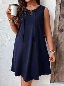 SHEIN LUNE Plus Lace Up Front Tank Dress - Navy Blue - View 3