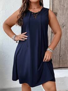 SHEIN LUNE Plus Lace Up Front Tank Dress - Navy Blue - View 4