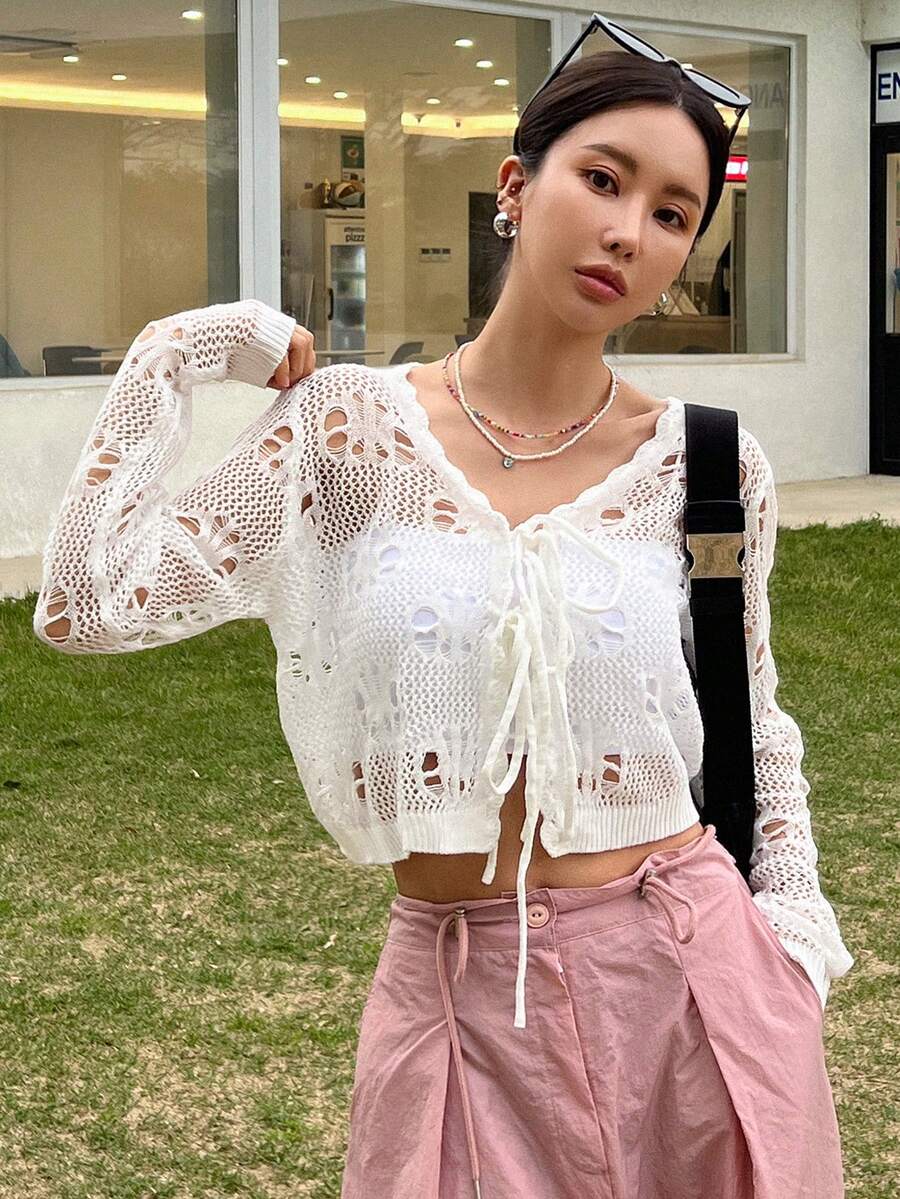 DAZY Hollow Out Knot Front Crop Cardigan - Beige - View 1