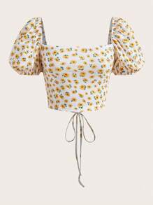 Soleia Ditsy Floral Print Puff Sleeve Lace Up Backless Crop Tee - Multicolor - View 1