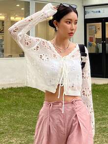 DAZY Hollow Out Knot Front Crop Cardigan - Beige - View 2