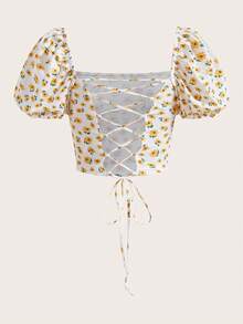 Soleia Ditsy Floral Print Puff Sleeve Lace Up Backless Crop Tee - Multicolor - View 2