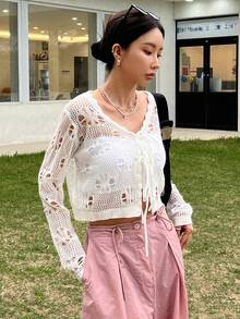 DAZY Hollow Out Knot Front Crop Cardigan - Beige - View 3