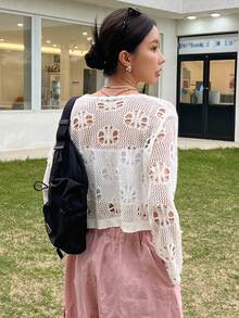 DAZY Hollow Out Knot Front Crop Cardigan - Beige - View 4