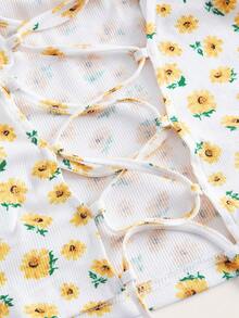 Soleia Ditsy Floral Print Puff Sleeve Lace Up Backless Crop Tee - Multicolor - View 4