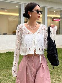 DAZY Hollow Out Knot Front Crop Cardigan - Beige - View 7