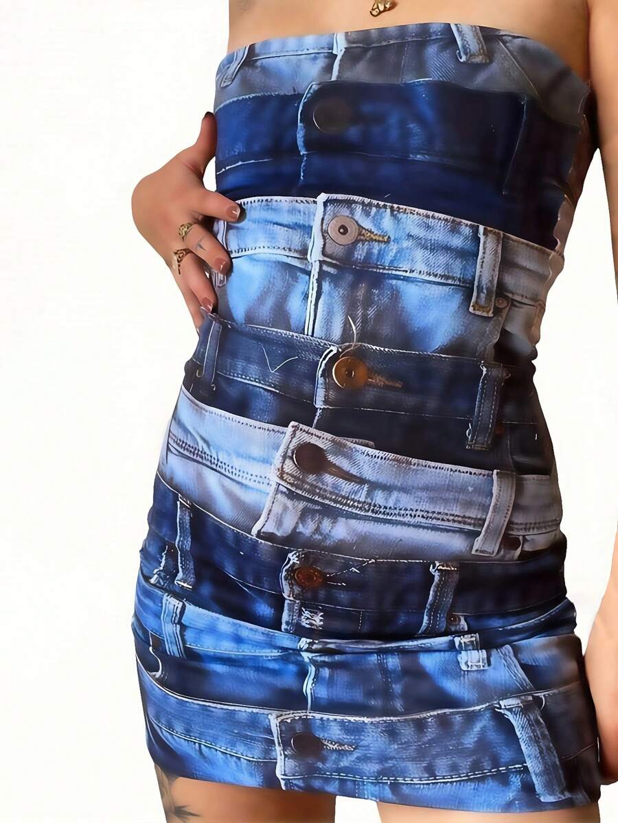 Đầm Dây kéo Tất cả trên in Gợi cảm - Màu xanh hải quân - Xem 1