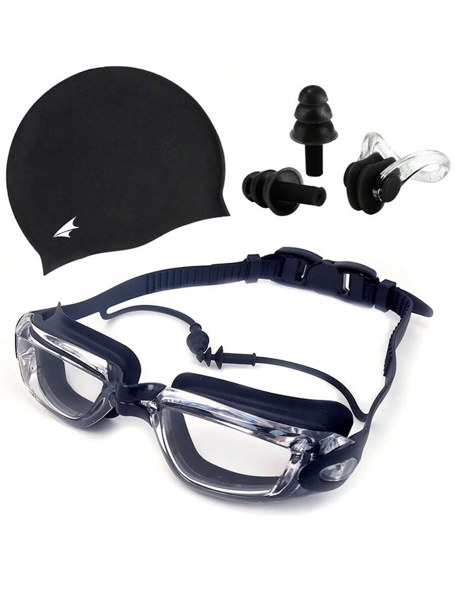 1pair Black PVC Swimming Goggles & 1pair Earplugs & 1pc Cap 1pc Nose Clip - Black - View 1