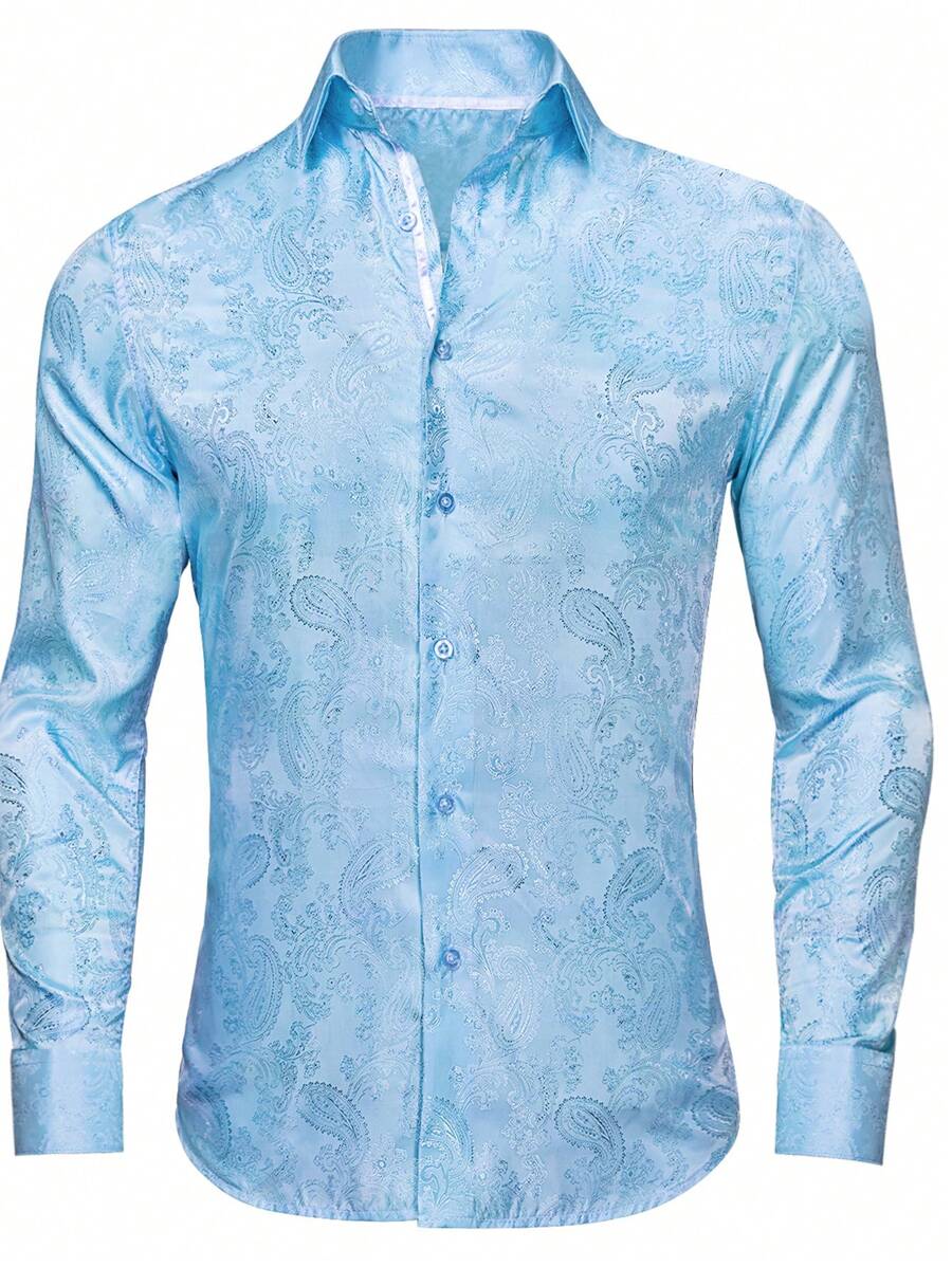 Men Paisley Jacquard Button Up Shirt - Baby Blue - View 1