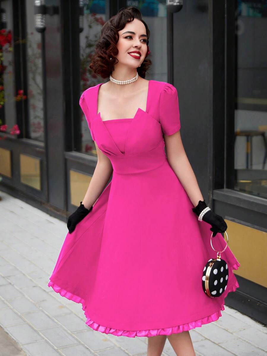 MUXXN Đầm viền lá sen Dây kéo Uốn nếp màu trơn Thanh lịch - Màu Hồng Tươi - Xem 1