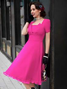 MUXXN Đầm viền lá sen Dây kéo Uốn nếp màu trơn Thanh lịch - Màu Hồng Tươi - Xem 3