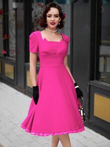 MUXXN Đầm viền lá sen Dây kéo Uốn nếp màu trơn Thanh lịch - Màu Hồng Tươi - Xem 6