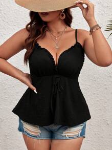 SHEIN VCAY Plus Frill Trim Tie Front Cami Top - Black - View 3