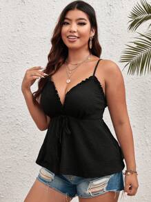 SHEIN VCAY Plus Frill Trim Tie Front Cami Top - Black - View 2