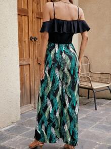 SHEIN Frenchy 羽毛印花挖肩荷葉邊闊腿連體褲 - 彩色 - 查看 2