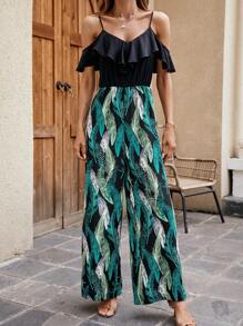 SHEIN Frenchy 羽毛印花挖肩荷葉邊闊腿連體褲 - 彩色 - 查看 3