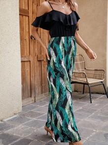 SHEIN Frenchy 羽毛印花挖肩荷葉邊闊腿連體褲 - 彩色 - 查看 4