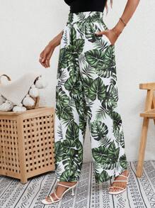 SHEIN Frenchy Tropical Print Slant Pocket Wide Leg Trousers - Multicolor - View 1