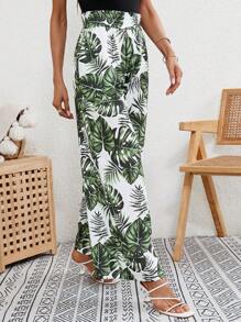 SHEIN Frenchy Tropical Print Slant Pocket Wide Leg Trousers - Multicolor - View 4
