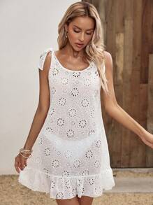 SHEIN Swim 肩上打結荷葉邊網眼刺繡罩衫連衣裙 - 白色 - 查看 3