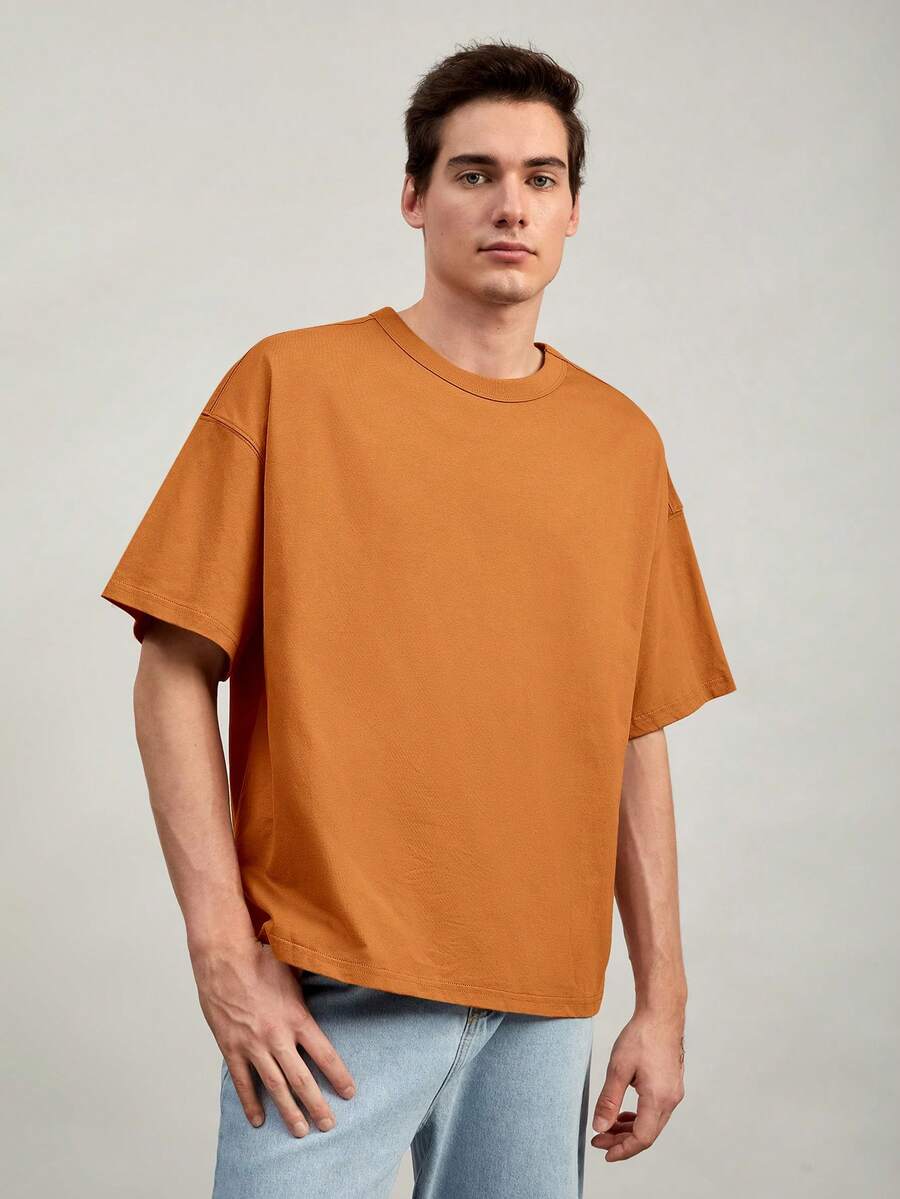 GENTILAND Men Cotton Solid Drop Shoulder Tee - Orange - View 1