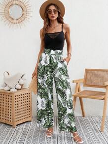 SHEIN Frenchy Tropical Print Slant Pocket Wide Leg Trousers - Multicolor - View 5