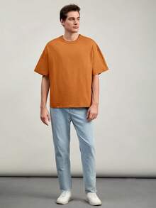 GENTILAND Men Cotton Solid Drop Shoulder Tee - Orange - View 3