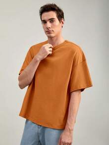 GENTILAND Men Cotton Solid Drop Shoulder Tee - Orange - View 4