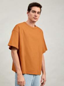GENTILAND Men Cotton Solid Drop Shoulder Tee - Orange - View 5