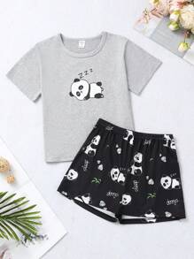Girls Panda & Letter Graphic PJ Set - Grey - View 1