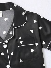 女孩愛心圖案拼接滾邊緞面睡衣套裝 - 黑色 - 查看 6