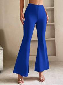 SHEIN PETITE Women Solid Color Daily Wear Flare Leg Pants - Royal Blue - View 1