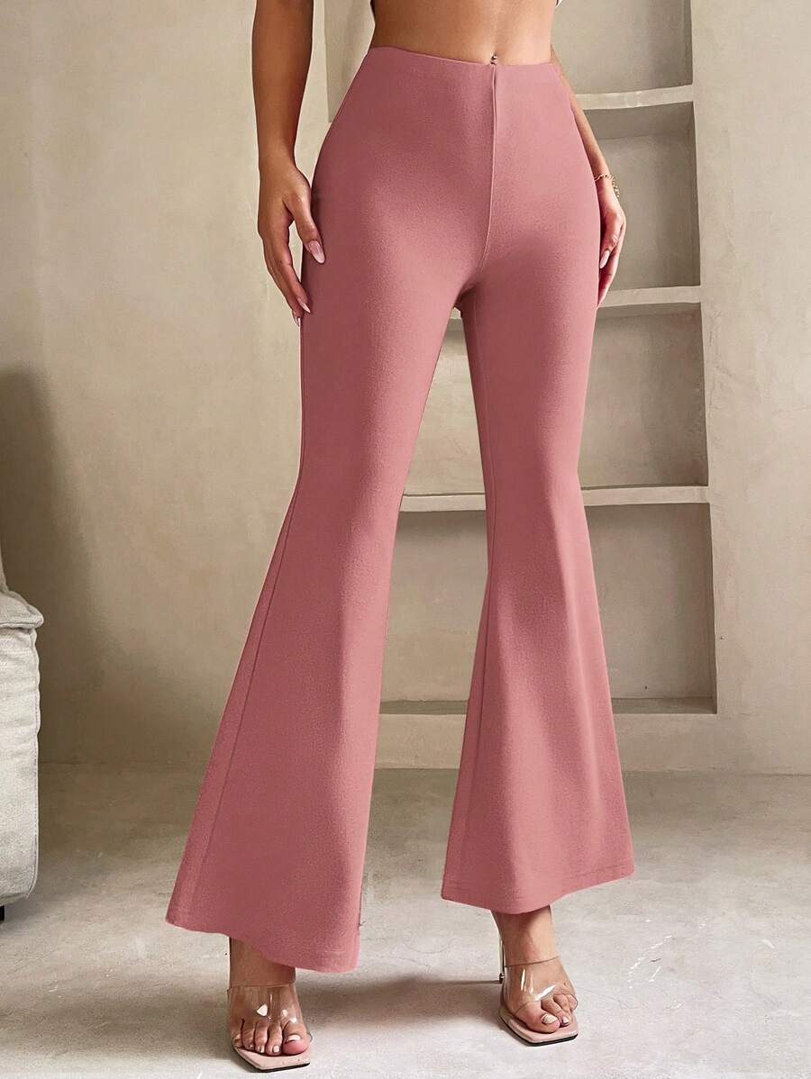 SHEIN PETITE Solid Flare Leg Trousers - Dusty Pink - View 1