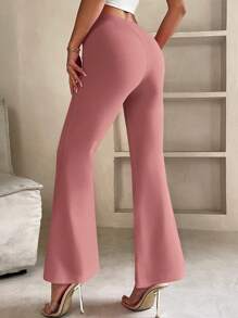 SHEIN PETITE Solid Flare Leg Trousers - Dusty Pink - View 2