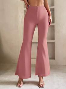 SHEIN PETITE Solid Flare Leg Trousers - Dusty Pink - View 3