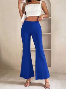 SHEIN PETITE Women Solid Color Daily Wear Flare Leg Pants - Royal Blue - View 4