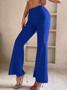SHEIN PETITE Women Solid Color Daily Wear Flare Leg Pants - Royal Blue - View 5