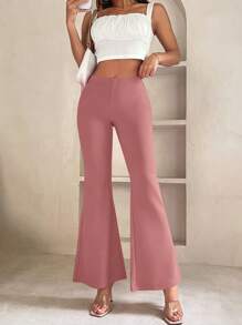 SHEIN PETITE Solid Flare Leg Trousers - Dusty Pink - View 5