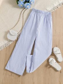 Girls Striped Wide Leg Trousers - Blue and White - View 1