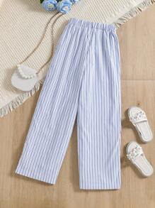 Girls Striped Wide Leg Trousers - Blue and White - View 2