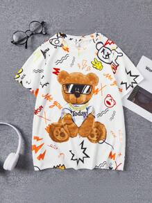 SHEIN Tween Boy Loose Fit Áo thun ngắn tay họa tiết gấu phong cách đại học - Nhiều màu - Xem 1