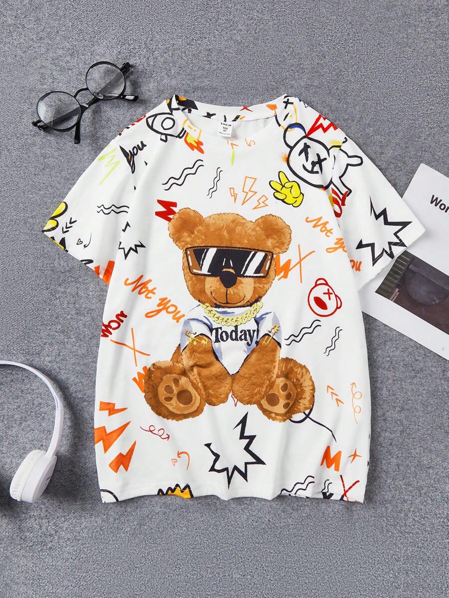 SHEIN Tween Boy Loose Fit Áo thun ngắn tay họa tiết gấu phong cách đại học - Nhiều màu - Xem 1