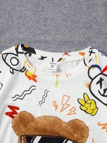 SHEIN Tween Boy Loose Fit Áo thun ngắn tay họa tiết gấu phong cách đại học - Nhiều màu - Xem 3