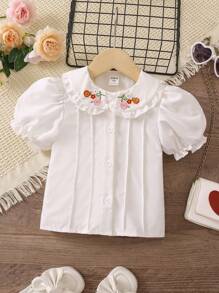 SHEIN 小女童花卉刺繡彼得潘領泡泡袖前紐扣襯衫 - 白色 - 查看 1