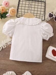 SHEIN 小女童花卉刺繡彼得潘領泡泡袖前紐扣襯衫 - 白色 - 查看 2