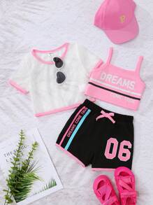 SHEIN Young Girl Letter Graphic Cami Top & Sheer Top & Knot Front Shorts - Multicolor - View 1