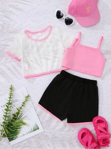 SHEIN Young Girl Letter Graphic Cami Top & Sheer Top & Knot Front Shorts - Multicolor - View 2